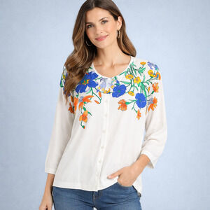 Talbots Plus Size 1X Floral Print Button 3/4 Sleeve Cotton Cardigan Sweater NEW